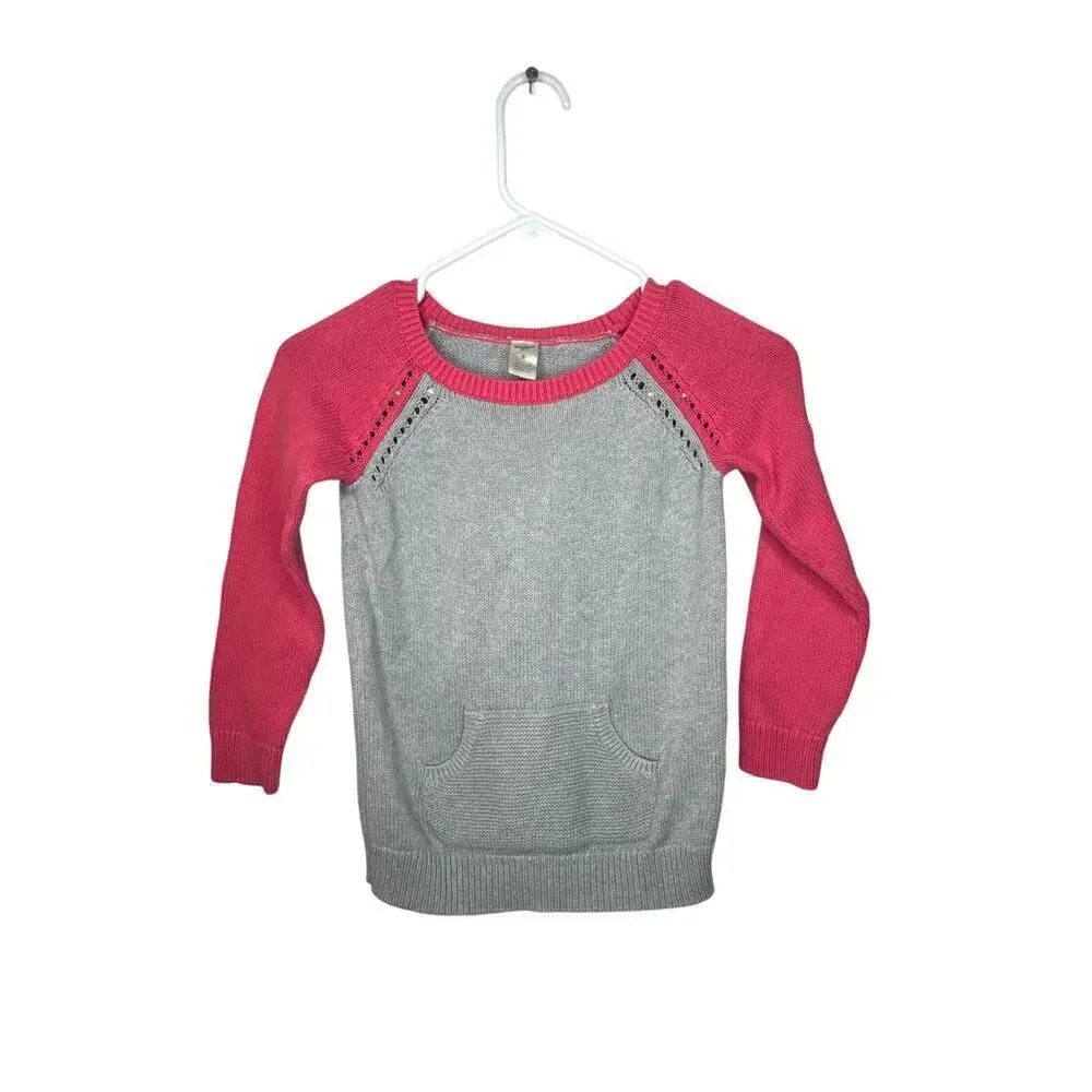 OshKosh B'gosh Sweater Kids Size 6 Gray & Dark Pink 100% Cotton Eyelet Stitching